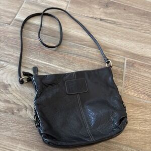 FOSSIL BLACK PEBBLED LEATHER CROSSBODY SHOULDER BAG Y2K‎ Style W/ Brass Hardware